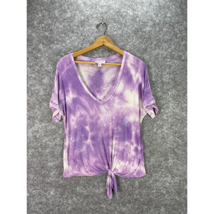 Veronica M Shirt Womens Medium Purple V Neck Dolman Short Sleeve Front Tie Hem